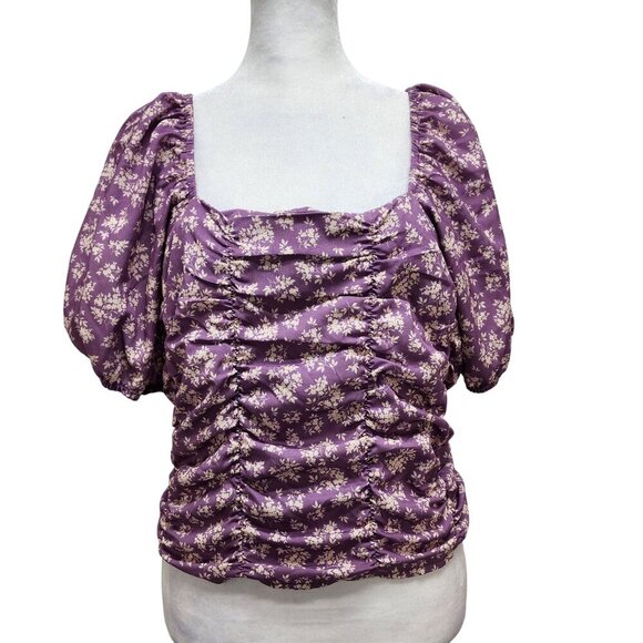 Celebrity Pink Womens Purple Puff Sleeve Ruched Top With Floral Print Size L - Picture 4 of 10